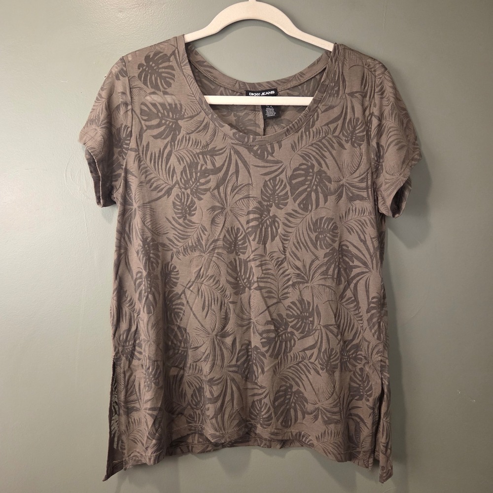 DKNY Women's Sheer Tropical Leaf Print Shirt Size M Khaki Green